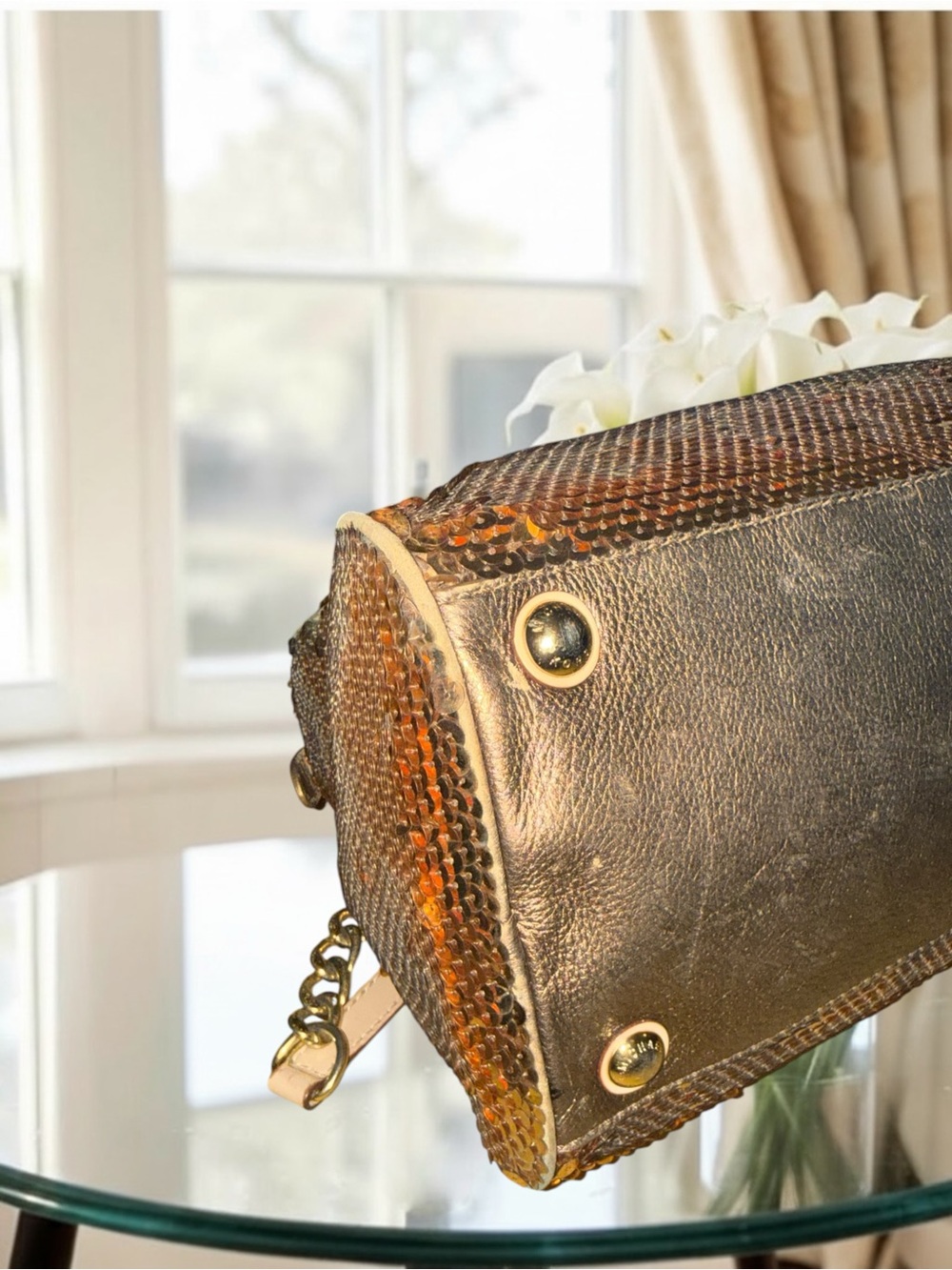 Michael Kors Gold Sequin Grayson Satchel Bag – Glam Metallic Satchel - Picture 10 of 10
